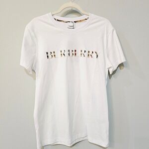 Burberry Embroidered Logo White T-Shirt Check Detail Size M New With Tags $490